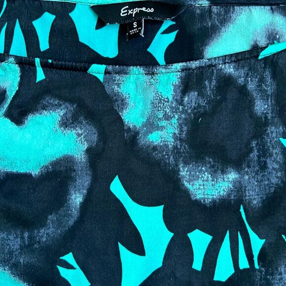 Express Size Small Mini Dress Batwing Sleeves Silk Black Teal Floral Flowy Drape - Picture 2 of 8